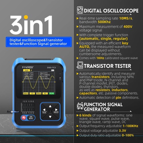 FNIRSI 3 σε 1 παλμογράφος/signal generator/transistor tester χειρός DSO-TC3, επαναφορτιζόμενο