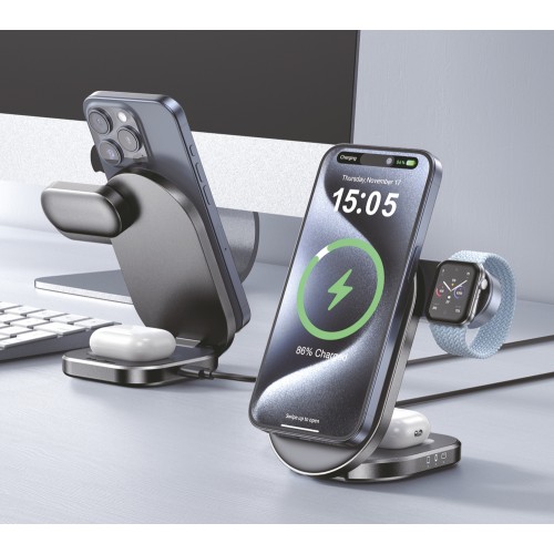 POWERTECH ασύρματος φορτιστής PT-1491, 3 σε 1, Qi2, 15W, μαύρος