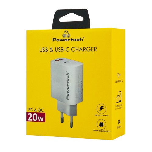 POWERTECH φορτιστής τοίχου PT-1493, USB/USB-C, 20W, λευκός