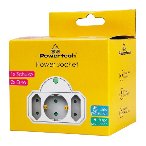 POWERTECH αντάπτορας ρεύματος PT-816 με προστασία υπέρτασης, 1x schuko, 2x euro, 16A, λευκός