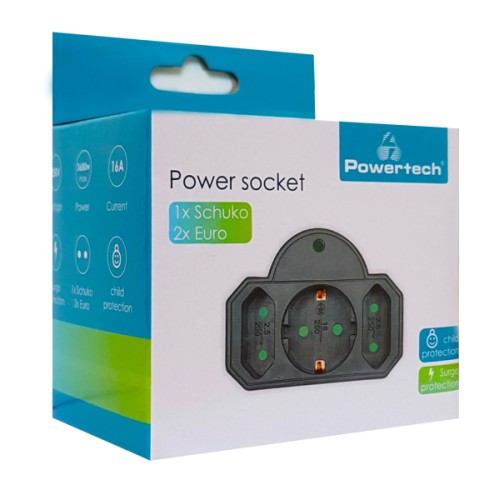 POWERTECH αντάπτορας ρεύματος PT-817 με προστασία υπέρτασης, 1x schuko, 2x euro, 16A, μαύρος