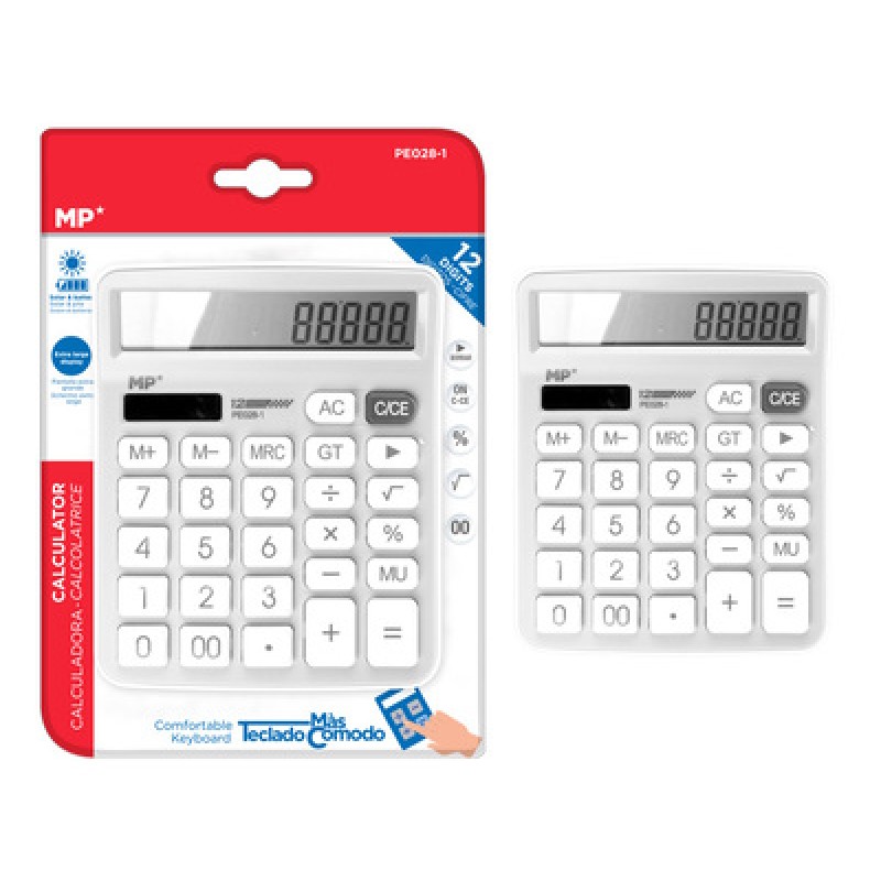 MP αριθμομηχανή PE028, ηλιακό & μπαταρίες, 12 ψηφία, λευκή