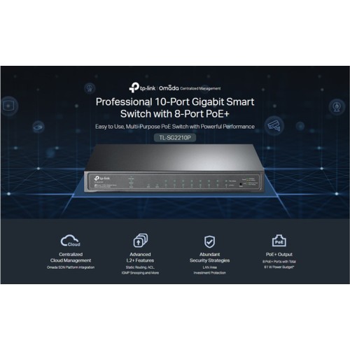 TP-LINK JetStream switch TL-SG2210P, 10-Port Gigabit, 8x PoE+, Ver. 5.0