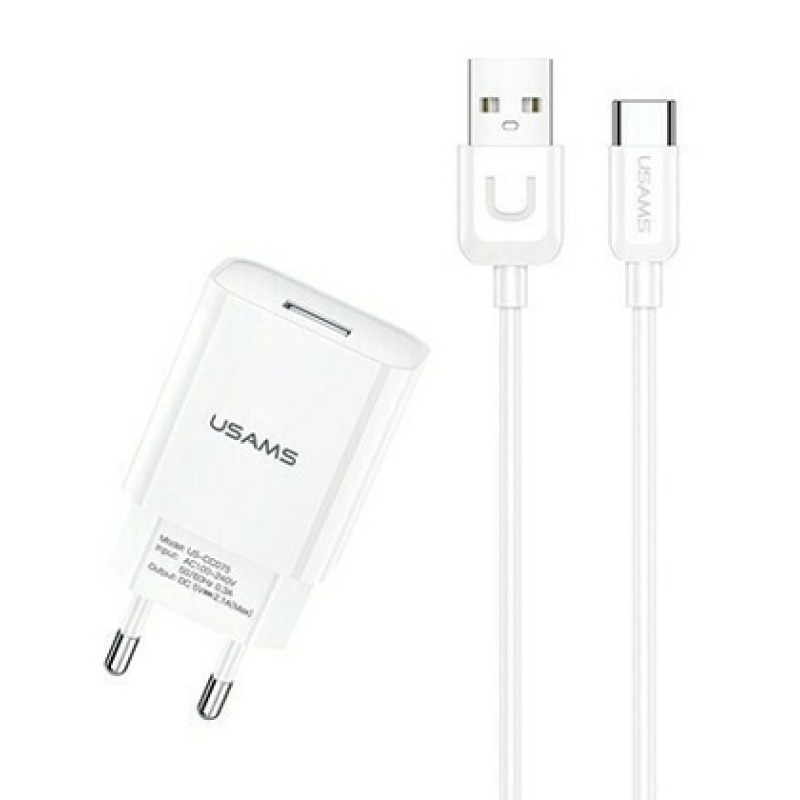 USAMS φορτιστής τοίχου T21OCTC01 με καλώδιο USB-C, USB 2.1A, λευκός