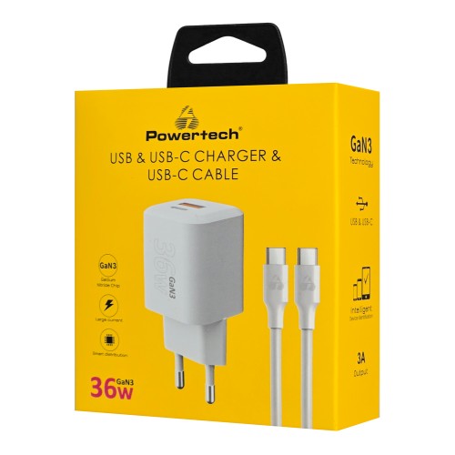 POWERTECH φορτιστής τοίχου PT-1351 με καλώδιο, USB/USB-C, 36W, GaN, λευκός