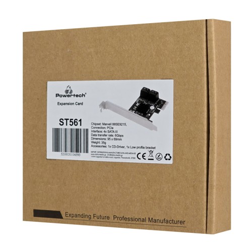 POWERTECH κάρτα επέκτασης PCIe σε 4x SATA III ST561, 6Gbps, 95x69mm