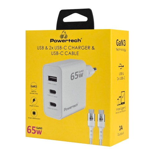 POWERTECH φορτιστής τοίχου PT-1378 με καλώδιο, USB/2x USB-C, 65W, GaN, λευκός