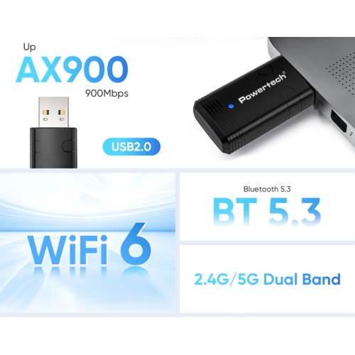 POWERTECH ασύρματος USB αντάπτορας δικτύου & Bluetooth 5.3 PT-1387, 900Mbps WiFi 6