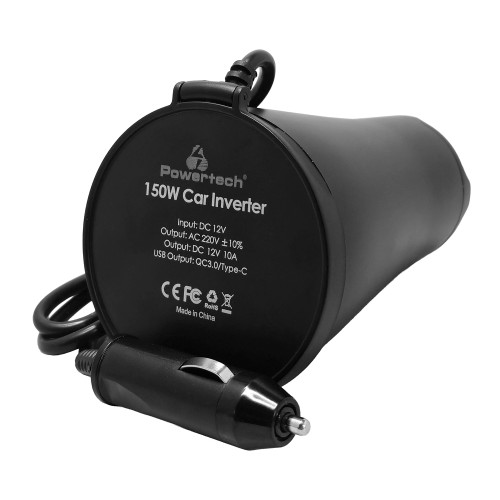 POWERTECH inverter αυτοκινήτου PTL-022, 150W, 12V DC σε 220V AC, με USB/USB-C
