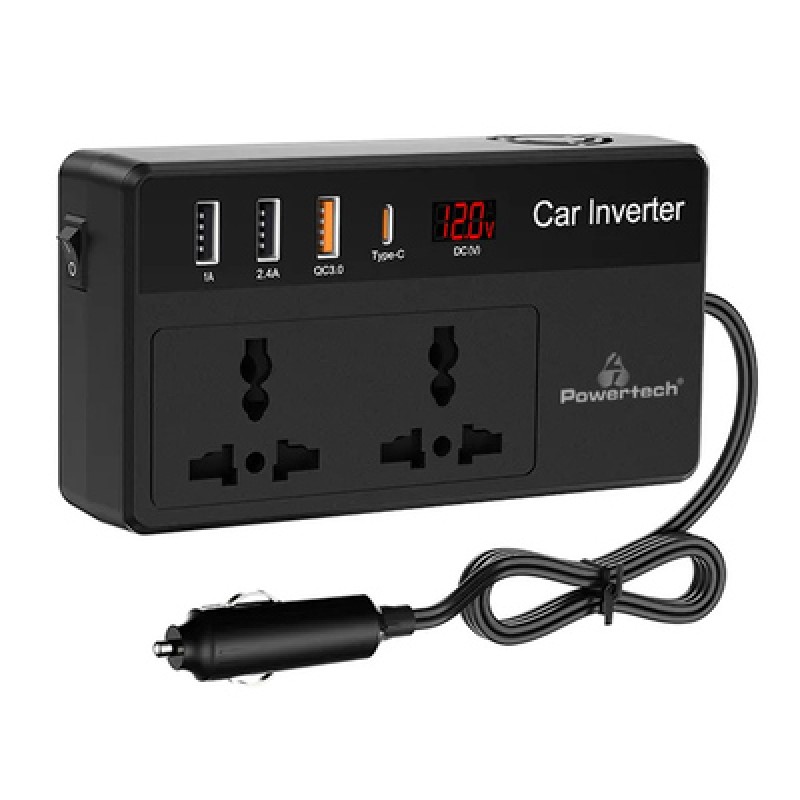 POWERTECH inverter αυτοκινήτου PTL-023, 200W, 12V DC σε 220V AC, με USB-C/3x USB