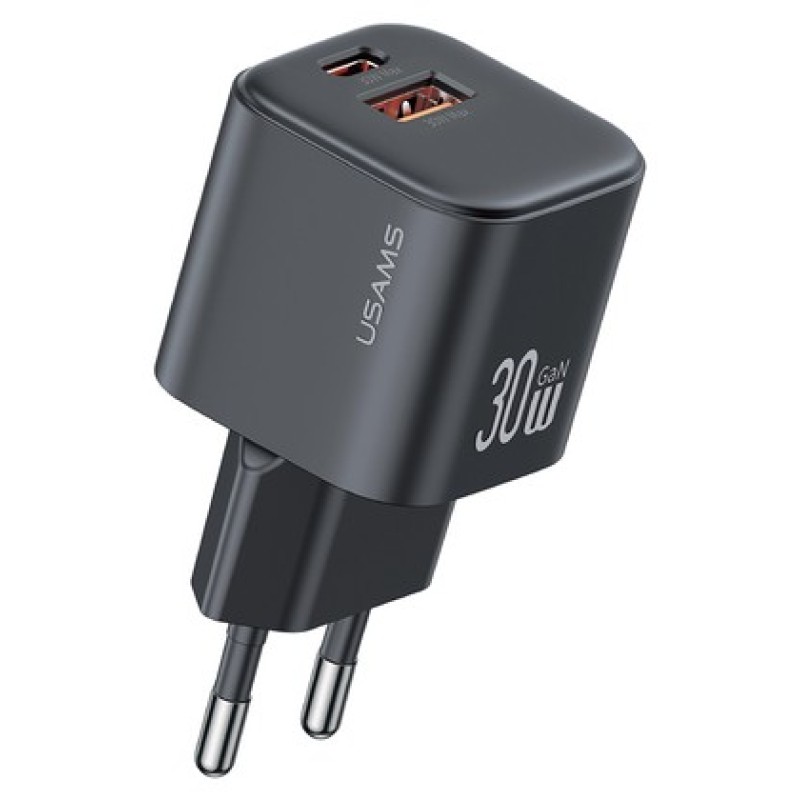USAMS φορτιστής τοίχου CC263, USB & USB-C, 30W, GaN, μαύρος