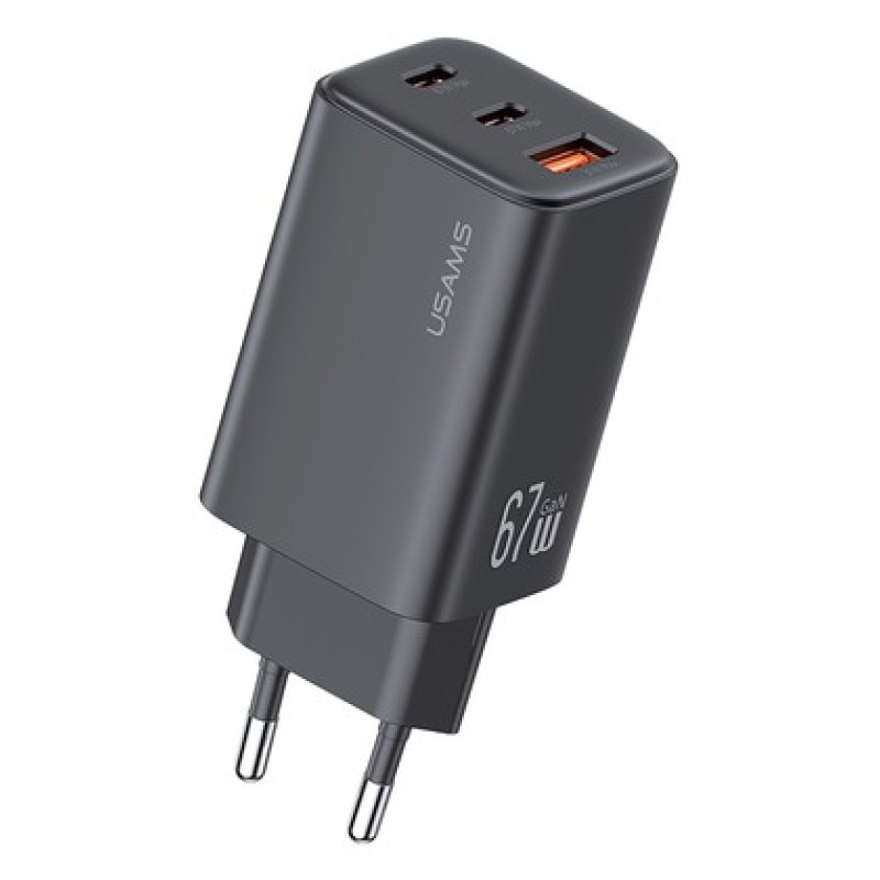 USAMS φορτιστής τοίχου CC265, USB & 2x USB-C, 67W, GaN, μαύρος