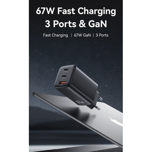 USAMS φορτιστής τοίχου CC265, USB & 2x USB-C, 67W, GaN, λευκός