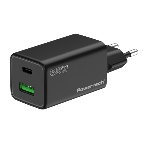 POWERTECH φορτιστής τοίχου PT-1501, USB/USB-C, 65W, GaN, μαύρος