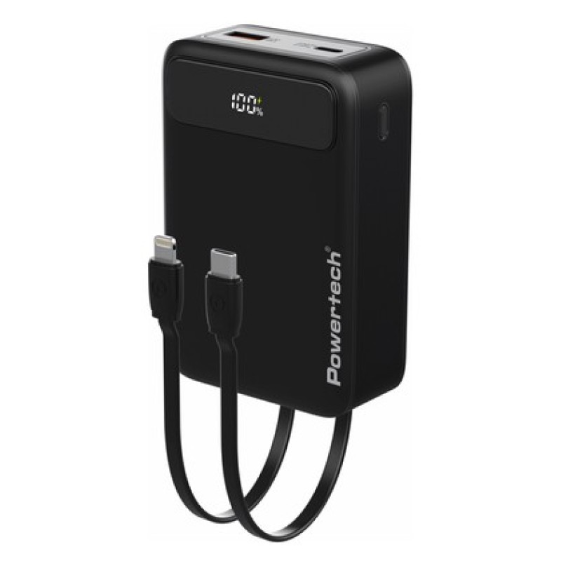 POWERTECH power bank PT-1504 με καλώδια & οθόνη, 20000mah, 22.5W, μαύρο