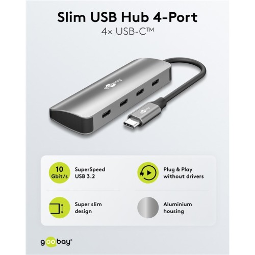GOOBAY USB hub 76565, 4x θυρών, USB 3.2, 10Gbps, USB-C σύνδεση, γκρι