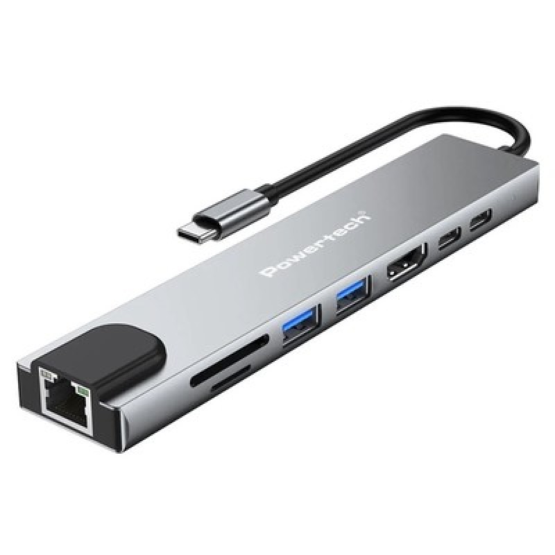 POWERTECH docking station PT-1536, 8 θυρών, USB-C σύνδεση, 87W PD, 100Mbps, γκρι