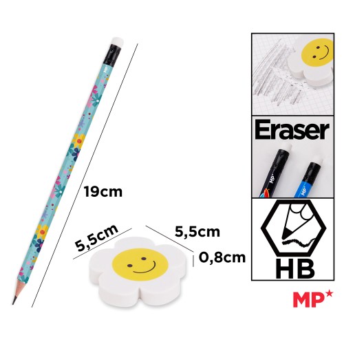 MP σετ ξύλινα μολύβια & γόμα Flowers PE356-02, εξάγωνα, HB, 5τμχ