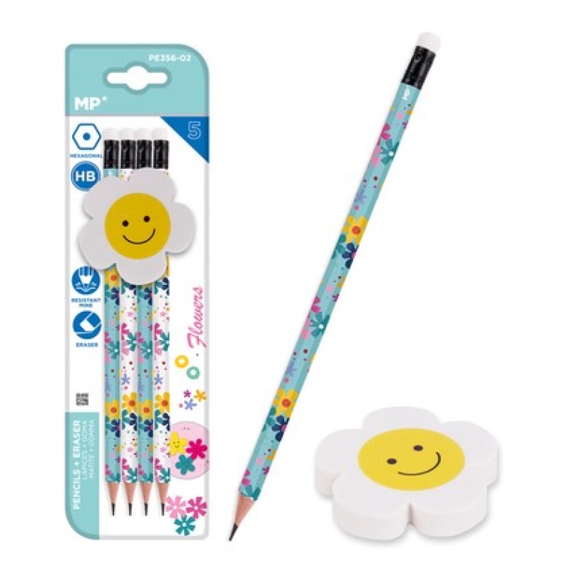 MP σετ ξύλινα μολύβια & γόμα Flowers PE356-02, εξάγωνα, HB, 5τμχ