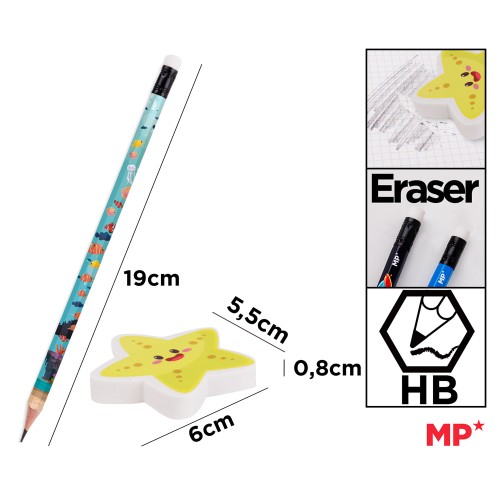 MP σετ ξύλινα μολύβια & γόμα World oceans day PPE356-05, εξάγωνα, HB, 5τμχ