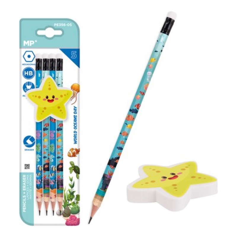 MP σετ ξύλινα μολύβια & γόμα World oceans day PPE356-05, εξάγωνα, HB, 5τμχ
