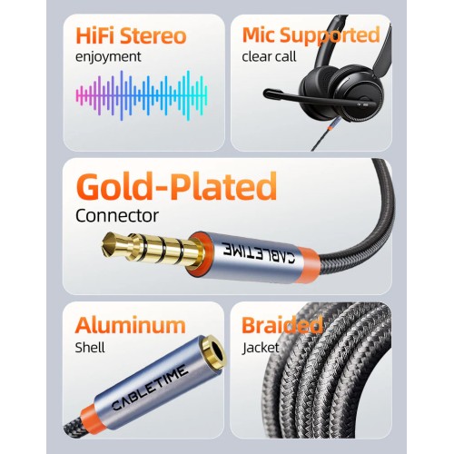 CABLETIME καλώδιο προέκτασης ήχου 3.5mm CT-AE35M, gold plated, 2m, μαύρο