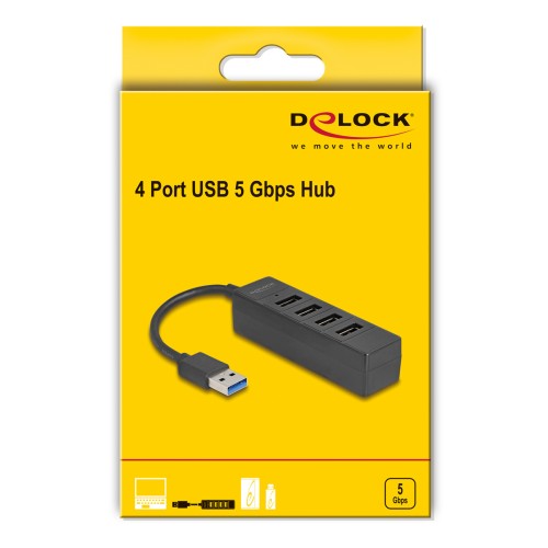 DELOCK USB hub 64350, 4x θυρών, USB 3.0, 5Gbps, USB σύνδεση, μαύρος