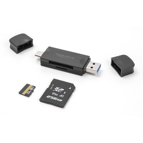 DELOCK card reader 91020 για SD & micro SD, USB/USB-C σύνδεση, 5Gbps, μαύρο