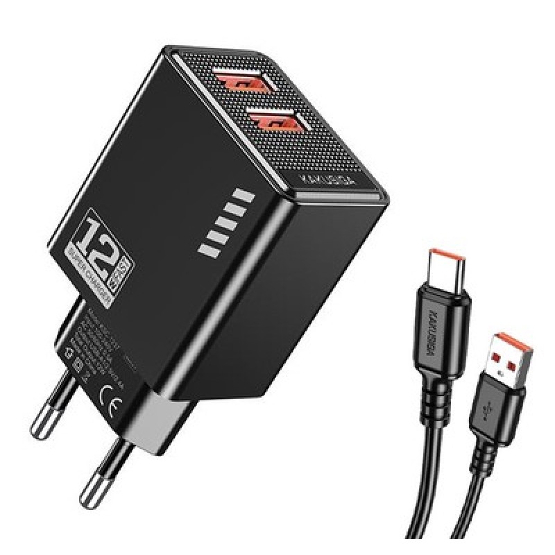 KAKUSIGA φορτιστής τοίχου KSC-1238 με καλώδιο USB-C, 2x USB, 12W, μαύρος