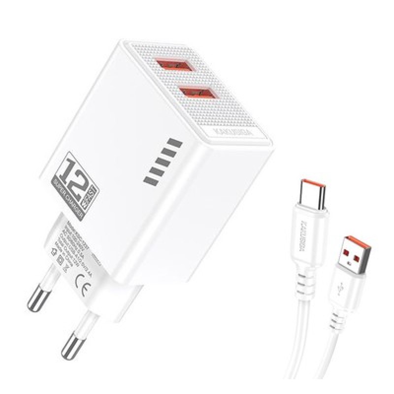 KAKUSIGA φορτιστής τοίχου KSC-1238 με καλώδιο USB-C, 2x USB, 12W, λευκός