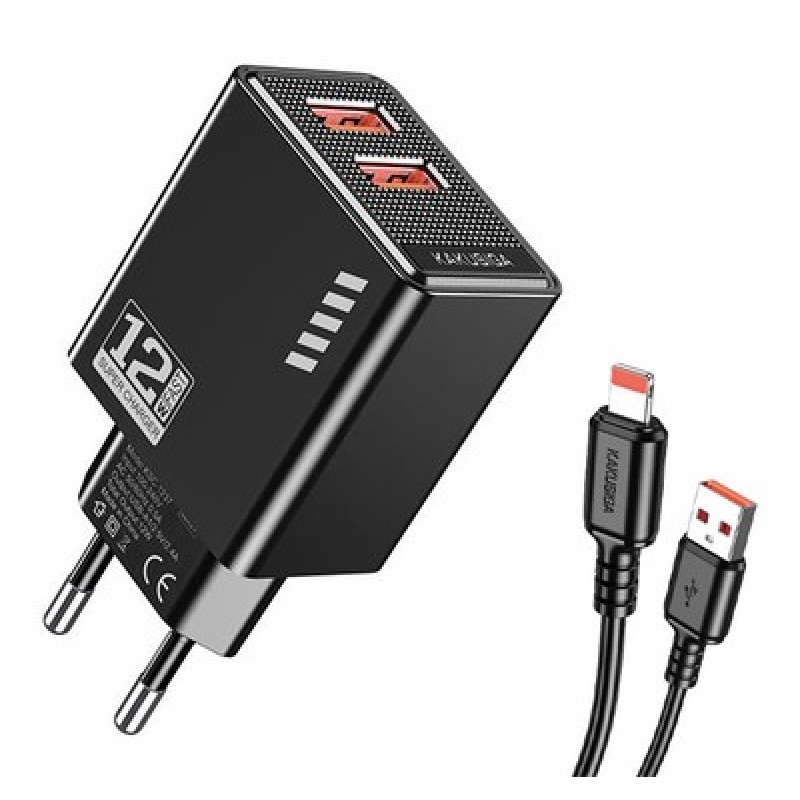 KAKUSIGA φορτιστής τοίχου KSC-1238 με καλώδιο Lightning, 2x USB, 12W, μαύρος