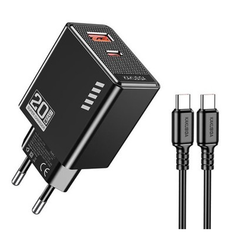 KAKUSIGA φορτιστής τοίχου KSC-1240 με καλώδιο USB-C, USB & USB-C, 20W, μαύρος