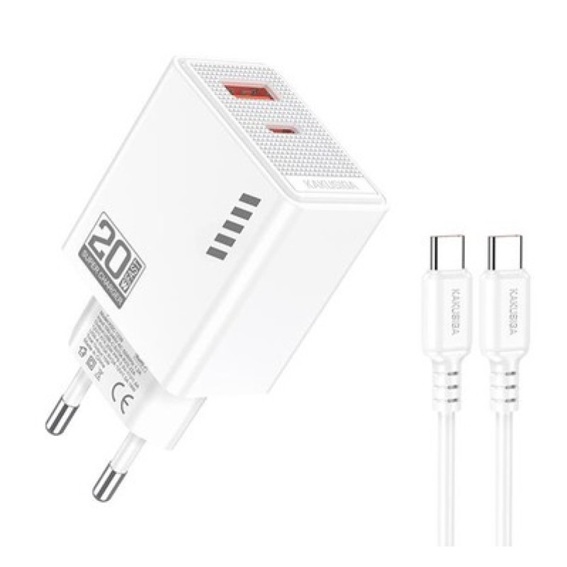 KAKUSIGA φορτιστής τοίχου KSC-1240 με καλώδιο USB-C, USB & USB-C, 20W, λευκός