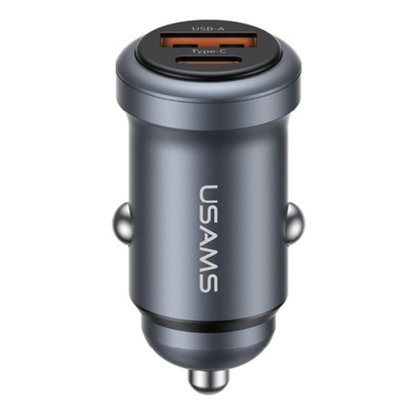 USAMS φορτιστής αυτοκινήτου CC322, USB & USB-C, 30W, γκρι