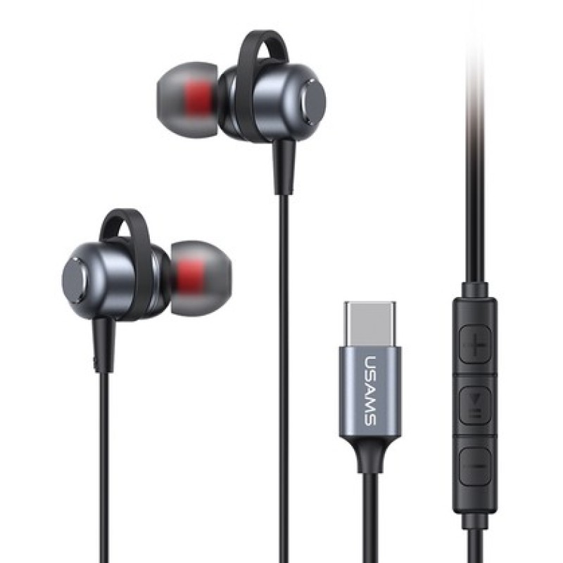 USAMS earphones με μικρόφωνο US-SJ758, USB-C σύνδεση, μεταλλικά, 1.2m, γκρι