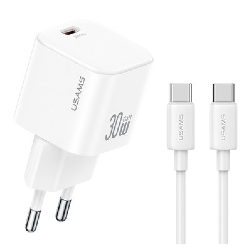 USAMS φορτιστής τοίχου CC262 με καλώδιο USB-C, 30W, GaN, λευκός
