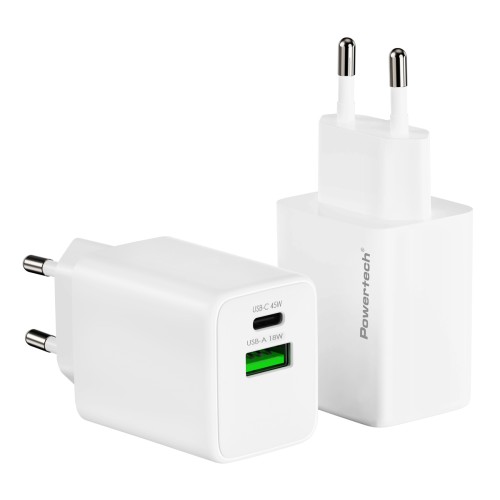 POWERTECH φορτιστής τοίχου PT-1551, USB/USB-C, 45W, GaN, AVS, λευκός