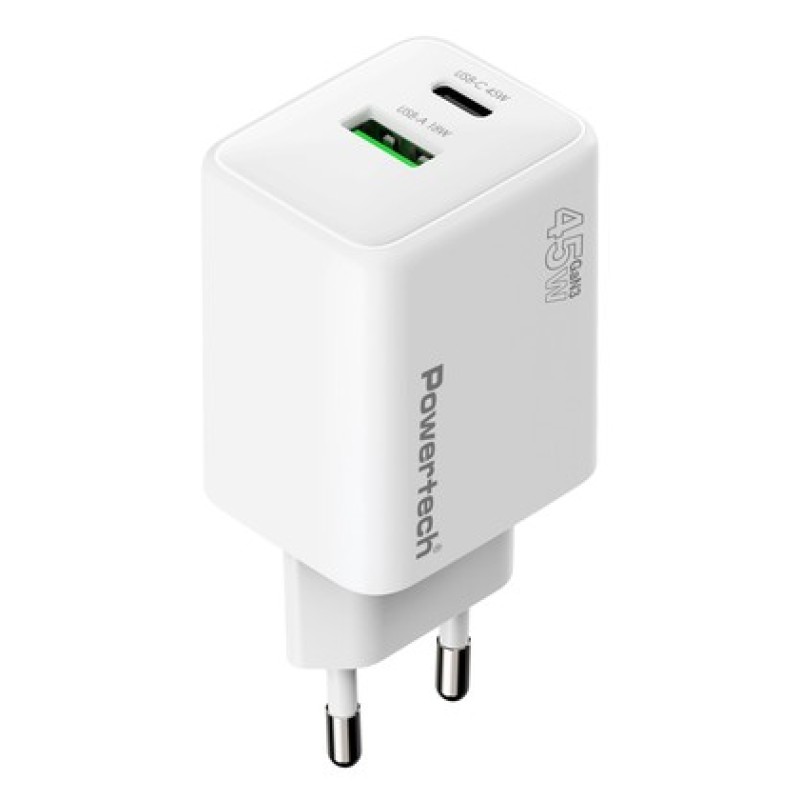 POWERTECH φορτιστής τοίχου PT-1551, USB/USB-C, 45W, GaN, AVS, λευκός