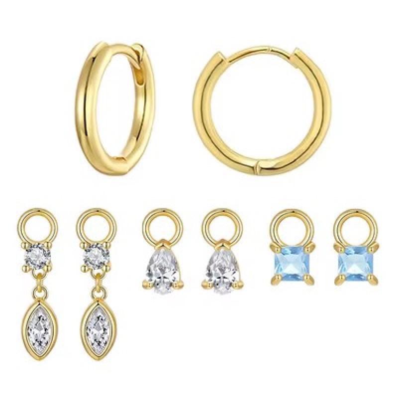 BAMOER σκουλαρίκια κρίκοι YIE262 με 3x σετ charm, κυβική ζιρκόνια, χαλκός, χρυσό