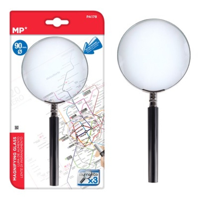 MP μεγεθυντικός φακός PA178, x3, 90mm, μεταλλικός με γυάλινο φακό, μαύρος/ασημί