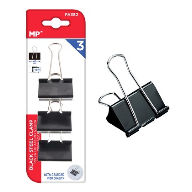 MP σετ κλιπ συγκράτησης εγγράφων PA382, μεταλλικά, 41mm, μαύρα, 3τμχ