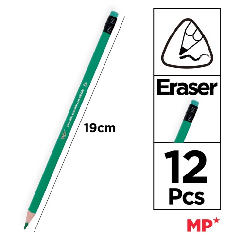 MP χρωματιστές ξυλομπογιές PP823 με γόμα, τρίγωνες, 12τμχ