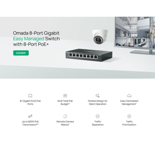 TP-LINK easy managed switch ES208GP, 8x Gigabit θύρες, PoE+, V1.0