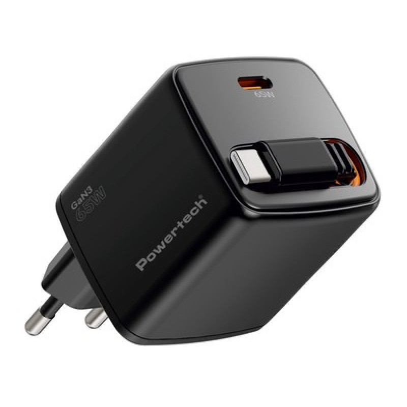 POWERTECH φορτιστής τοίχου PT-1573 με πτυσσόμενο καλώδιο, USB-C, 65W, GaN, μαύρος