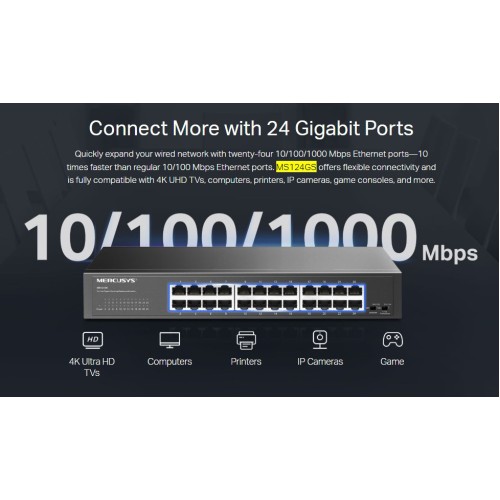MERCUSYS desktop/rackmount switch MS124GS, 24x Gigabit θύρες, V1.0