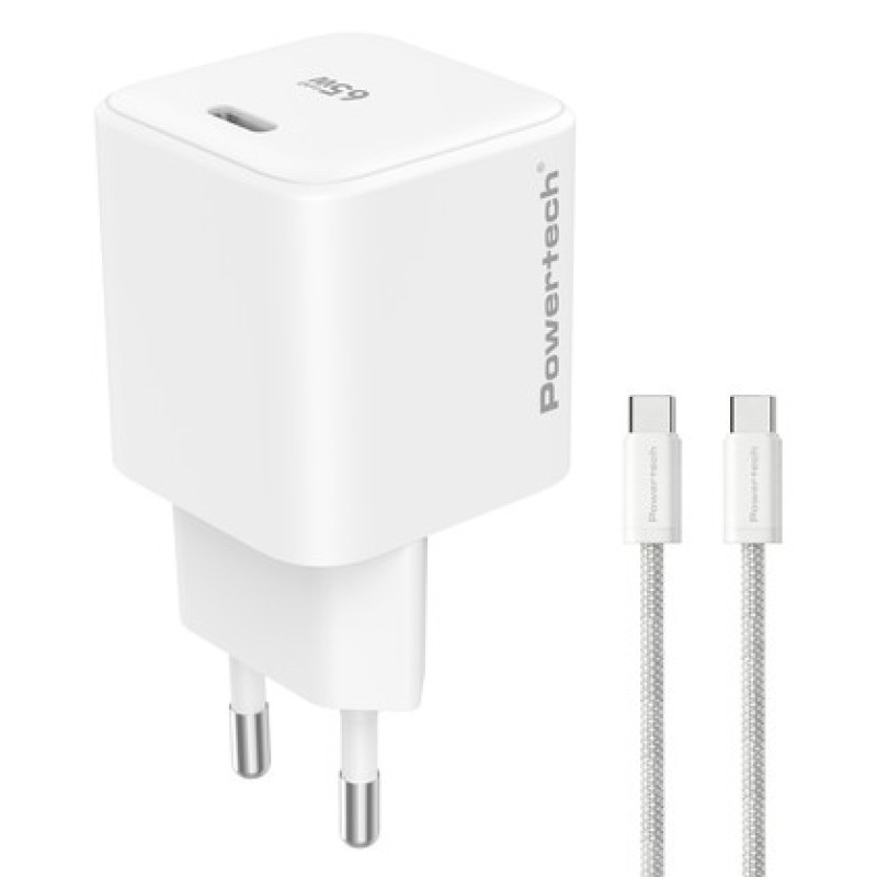 POWERTECH φορτιστής τοίχου PT-1577 με καλώδιο, USB-C, 65W, GaN, AVS, λευκός