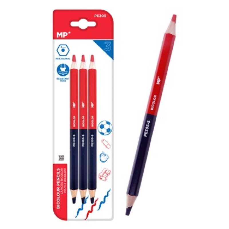 MP ξυλομπογιά με διπλή μύτη PE305, 5mm μύτη, εξάγωνο, μπλε/κόκκινο, 3τμχ