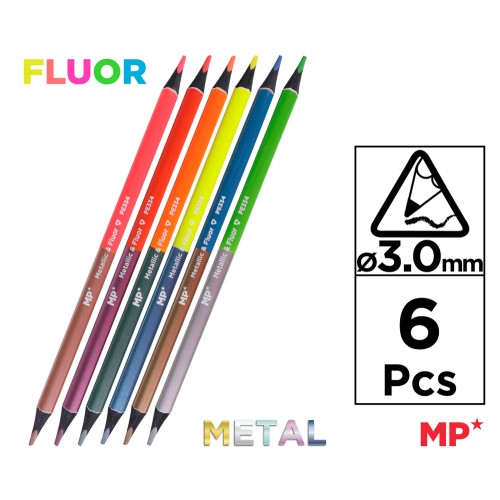 MP σετ χρωματιστές ξυλομπογιές με διπλή μύτη PE334, 3mm μύτη, τρίγωνες, φθορίζοντα & μεταλλικά χρώματα, 6τμχ