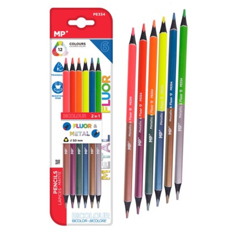 MP σετ χρωματιστές ξυλομπογιές με διπλή μύτη PE334, 3mm μύτη, τρίγωνες, φθορίζοντα & μεταλλικά χρώματα, 6τμχ