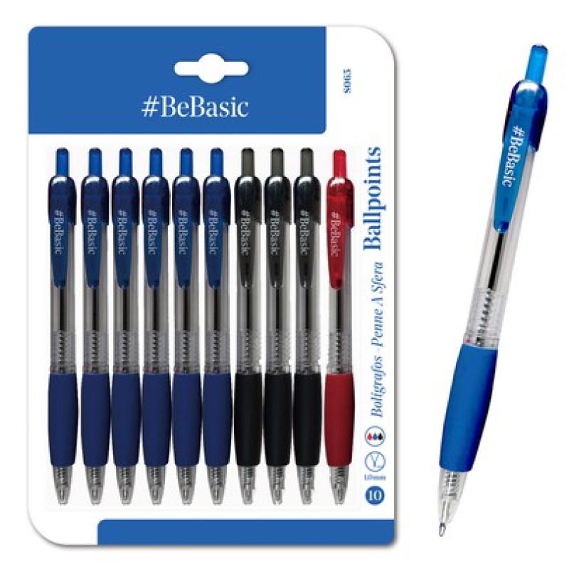 BEBASIC σετ στυλό διαρκείας ballpoint S065, 1mm μύτη, 14.5cm, μπλε/μαύρο/κόκκινο, 10τμχ